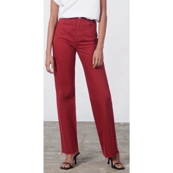 Zara Women's 90s Full Length Wide Leg Jean Size 4 Red Raw Hem - Picture 1 of 14